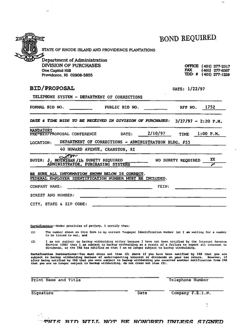 RI Contract Request for Proposal 1997 | Prison Phone Justice