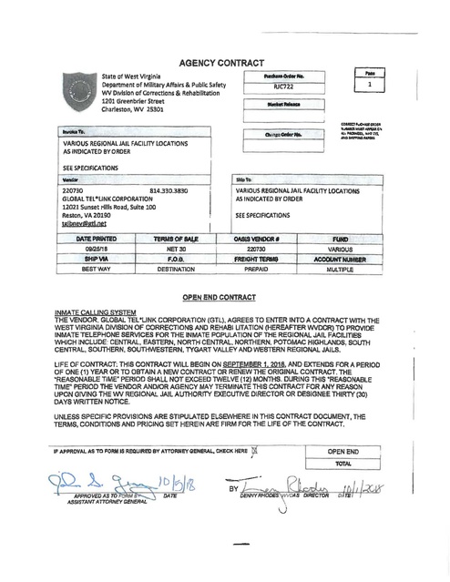 WV Regional Jail Authority GTL Contract Through 8-31-2019 | Prison ...