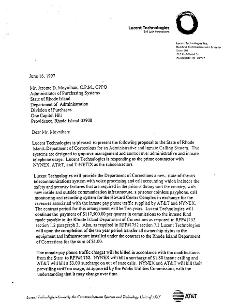Ri Lucent Technologies Contract Proposal 1997 Prison Phone Justice
